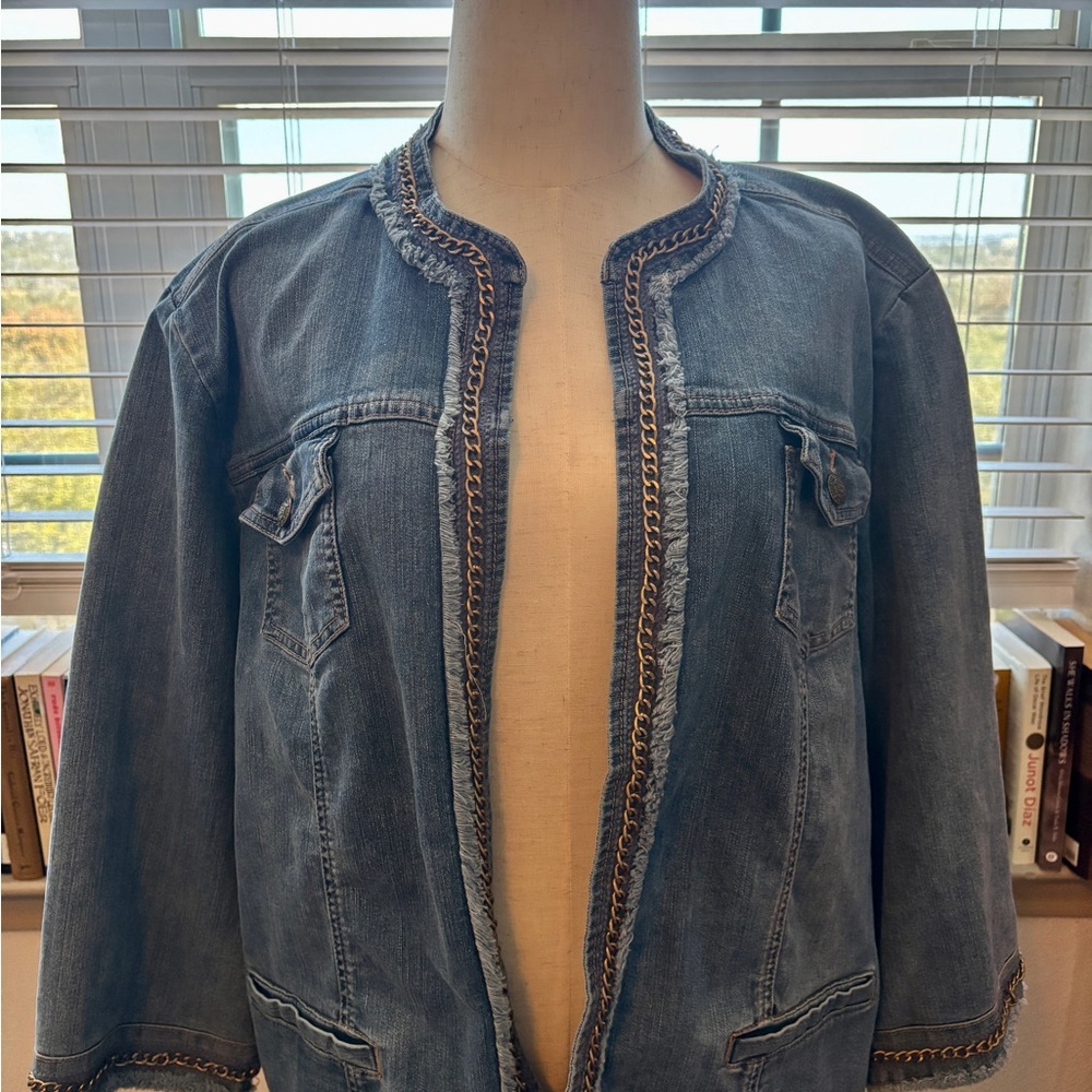 Chico’s Denim Jacket with Chain, Raw Edging Details Size 4 (plus size)